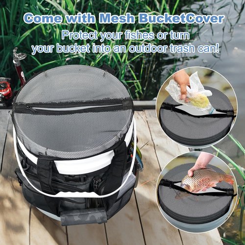 WTVIDAS Fishing Bucket Organizer with Top Cover, Ice Fishing Tackle Bag with Rod & Plier Holder, Multi-Pockets for 5 Gallon Bucket Fish Gear & Accessories