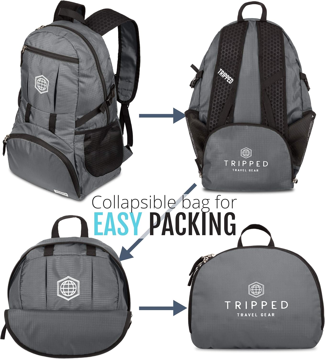 TRIPPED Travel Gear Traveling Backpack- Foldable collapsible lightweight backpack for travel (Blue) 35 liters