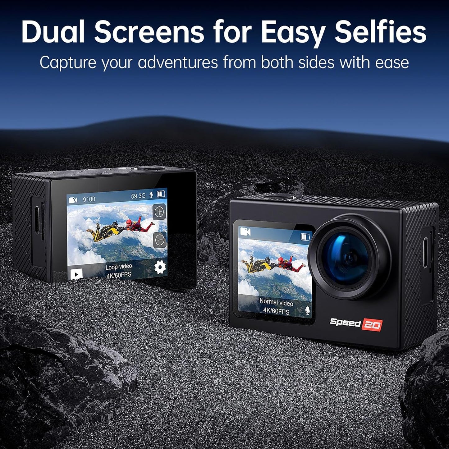 Action Camera 4K 60FPS with Touch Screen 20MP Waterproof Camera Underwater 131FT with EIS for Snorkeling Helmet Bike 170° Wide Angle Remote WiFi 5XZoom