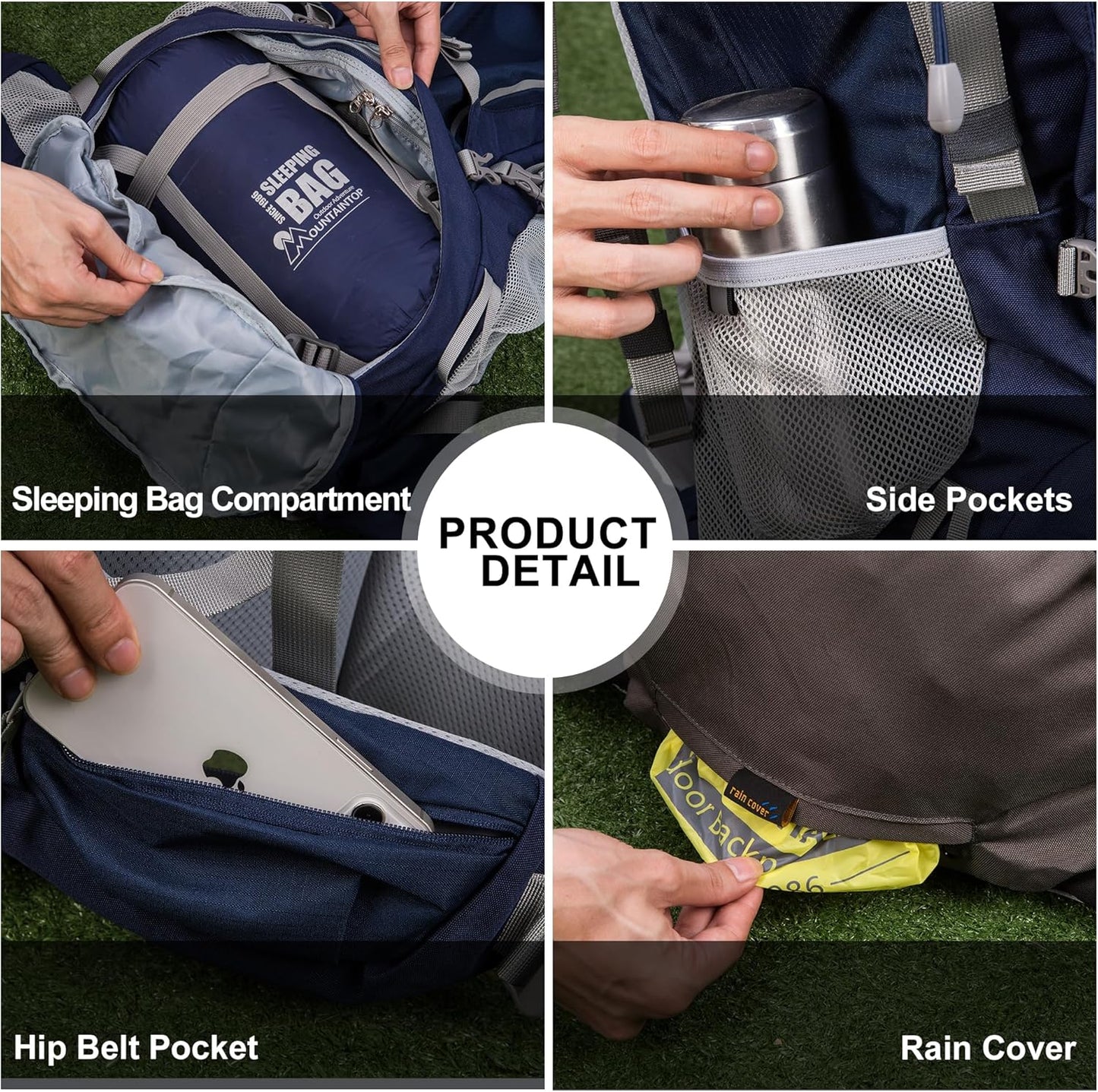 MOUNTAINTOP 70L Internal Frame Backpack Camping Backpacking Hiking Backpack for Men Women with Rain Cover