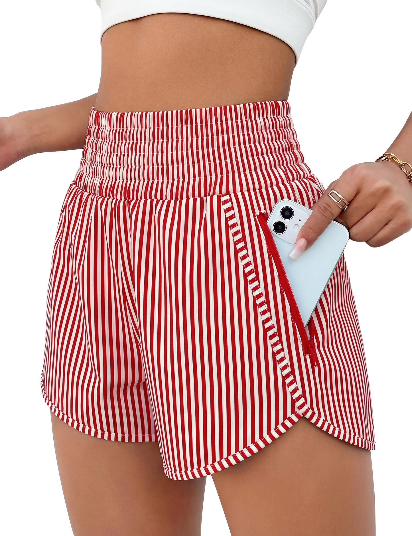 BMJL Women's Athletic Shorts High Waisted Running Short Pocket 2.5" Sporty Shorts Gym Elastic Workout Shorts(L,Red Striped)