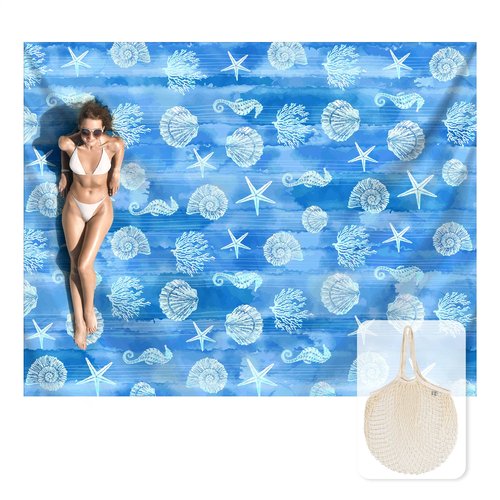 Zingtto Silky Soft 108"x84" Sand Proof Beach Blanket Sand Proof Mat with Corner Pockets and Fashion Mesh Bag for Beach Party, Travel, Camping and Outdoor Music Festival, Ombre Blue Marine