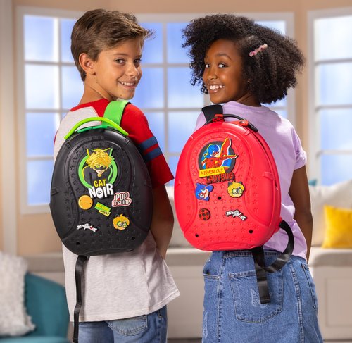 Miraculous Ladybug - Pop n' Swop Ladybug Red Backpack with Black Handle, 6 Clip-on Badges and Zipper, Lightweight Durable Waterproof Bag with Adjustable Straps (Wyncor)