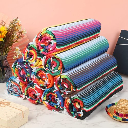 Tudomro 10 PCS Large Authentic Mexican Blankets Colorful Mexican Striped Throw Blankets Serape Fiesta Beach Fringe Yoga for Home Office Camping Picnic (Rainbow)