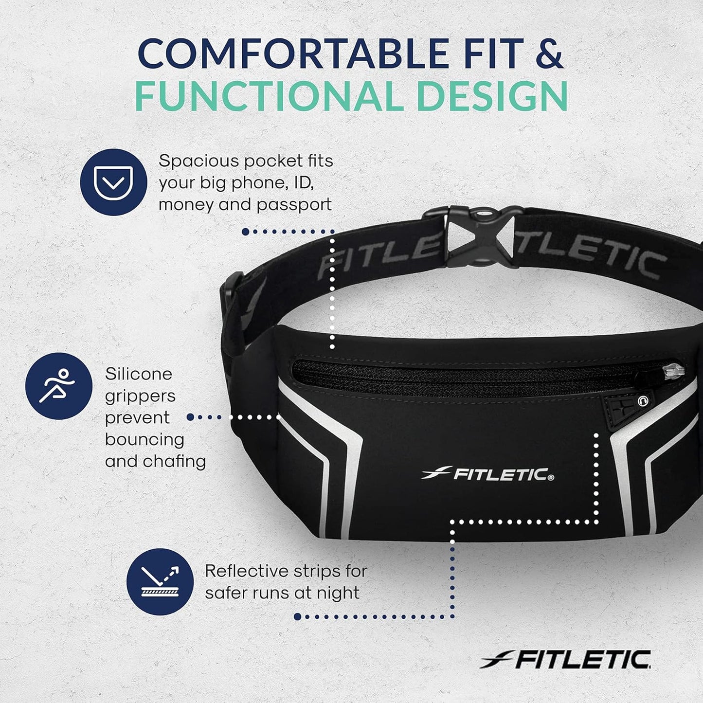 Fitletic Modern Sports Running Belt For Men & Women – Water Resistant Pouch - Fits All Smart Phones- Lightweight, Low Profile Design –Lycra Coated With Inner Card Organizer Pocket