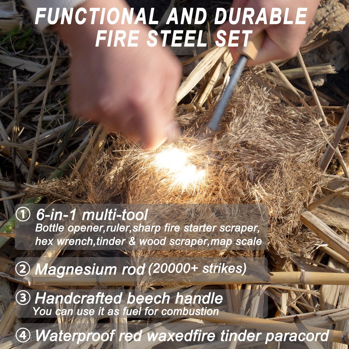 Fire Starter, Traditional Magnesium Ferro Rod, 20,000+ Strikes, Beech Handle, Survival Igniter with Neck Waxed Fire Tinder Paracord (28inch) & 6-in-1 Multi-Tool Striker-2 Packs