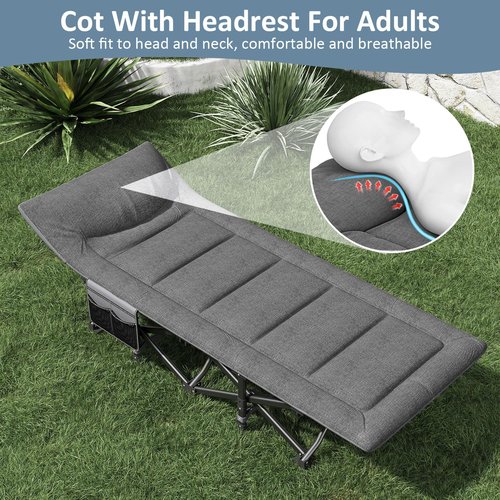 Mopaicot Camping Cot, Folding Cot Bed for Adults with Built-in Mattress and Pillow, Portable Outdoor Sleeping Cot for Camping and Travel, with Carry Bag, Grey, Max Load 450 LBS