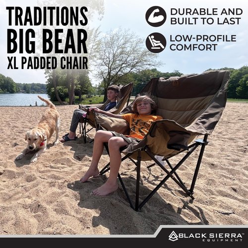 Black Sierra Deluxe Padded Camping Chair for Sports & Outdoors, Oversize XL Outdoor Folding Chair Supports 400 lbs, Heavy Duty Seat w/Dual Cup Holders/Carry Bag Perfect for RV, Tailgating, Glamping