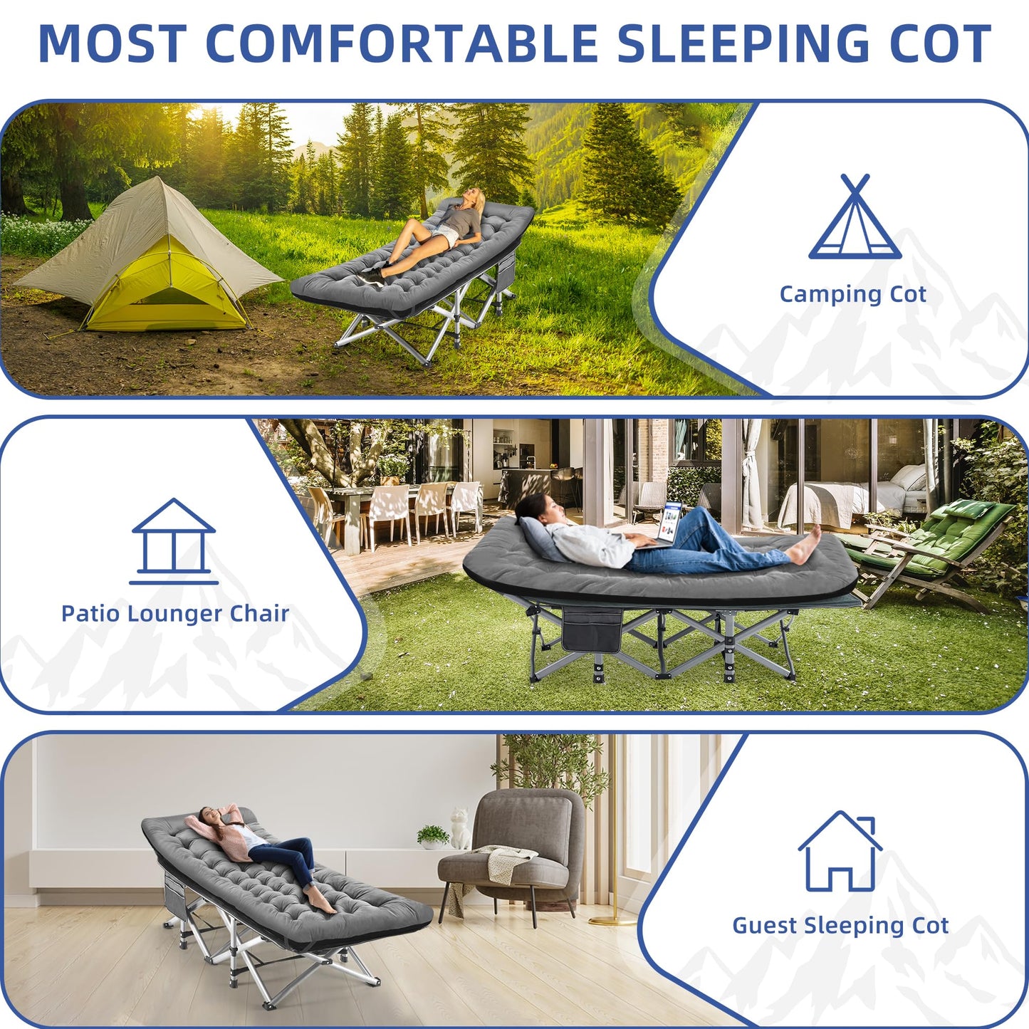 Fragess Camping Cot, Sleeping Cots for Adults, Portable Camping cots with Mattress, Pillow and Carry Bag, 1200D Double Layer Oxford, 600 LBS Weight Capacity Cots for Sleeping(Grey+Black)