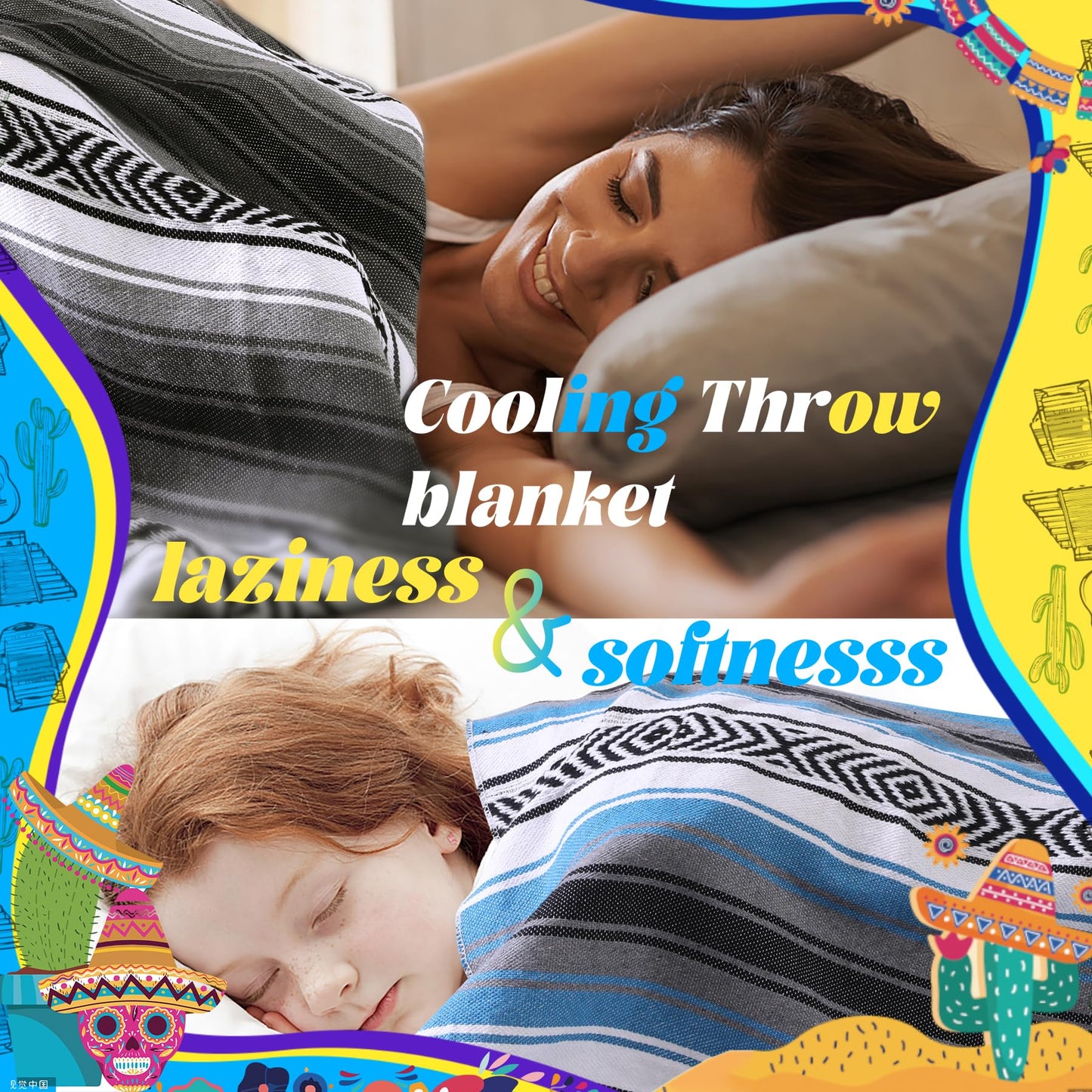 Genovega Mexican Throw Blanket Lightweight Serape Outdoor Extra Large Picnic Camping Blanket Beach Blanket Turkish Towel Sandproof Honeymoon Gift Fast Dry XL Compact Tent Gadgets 60" x 78" Mint