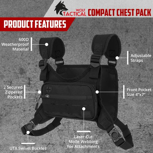 WOLF TACTICAL Compact Chest Pack Running Chest Bag For Men Running Vest Fanny Pack Chest Rig Running Bag, Black