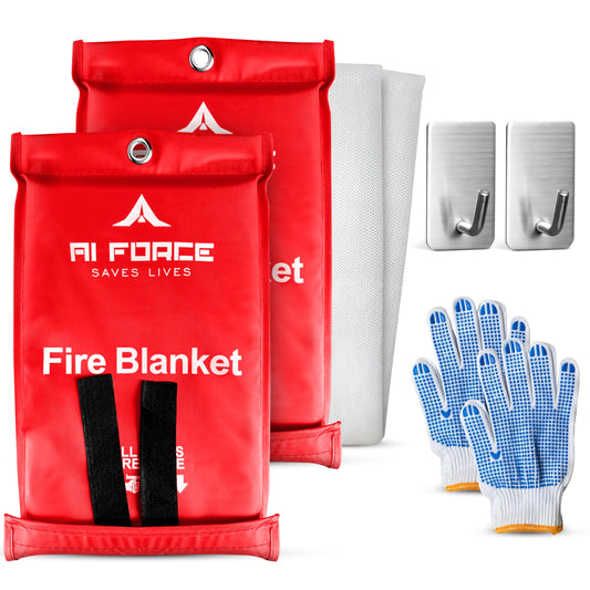 AI FORCE Fire Suppression Blanket (2-Pack, Fiberglass, Red) - Emergency Blanket with Gloves & Hooks for Home, Kitchen, Camping - High Heat Resistant, Reusable, No Expiry