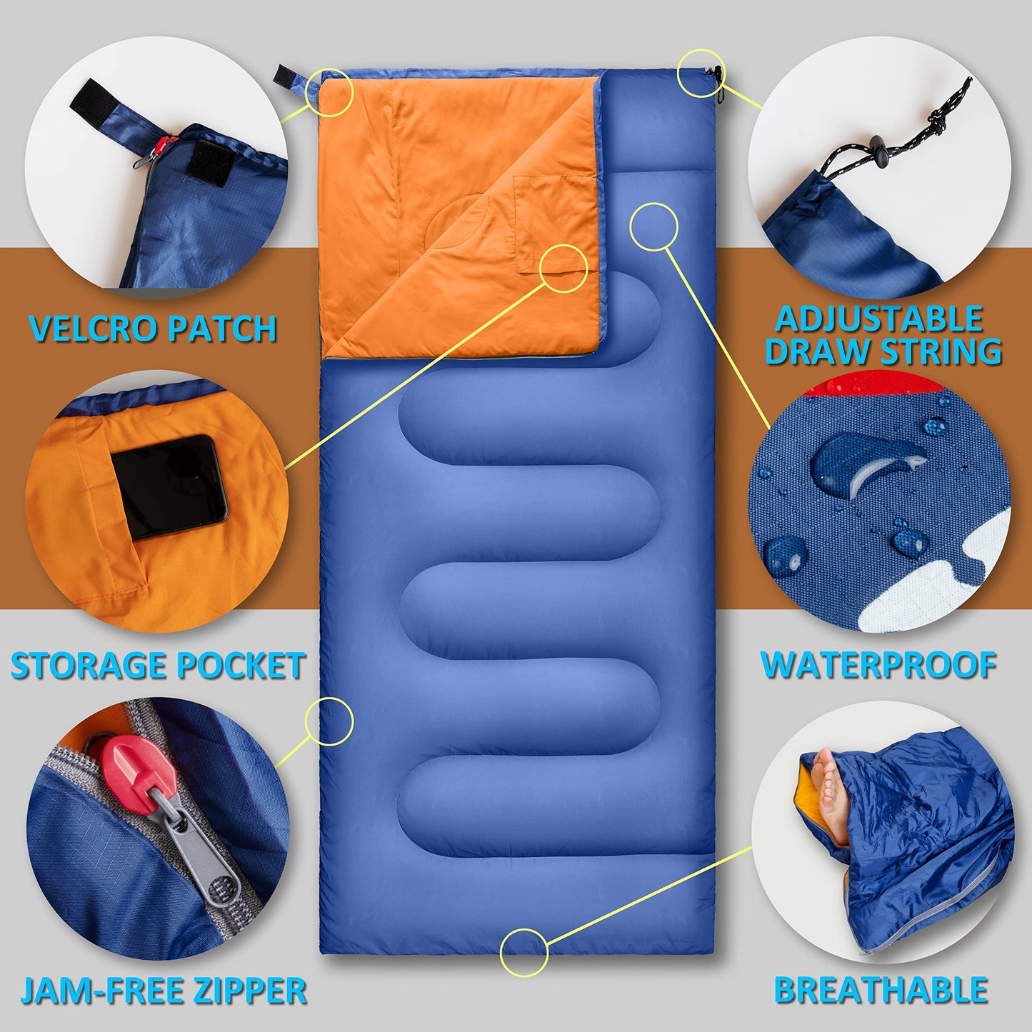 RIOYALO Backpacking Sleeping Bag for Adults Youth - Compact Lightweight Waterproof - 3 Season Cool/Warm Weather - Summer Spring Fall - Ultralight Portable Camping Gear for Hiking Travel Outdoor