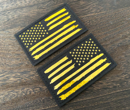 2x3.5 Reflective Special Alternative US USA American Flag Tactical Patches Hook-Fastener Backing (1 Left + 1 Right (Black-Yellow)