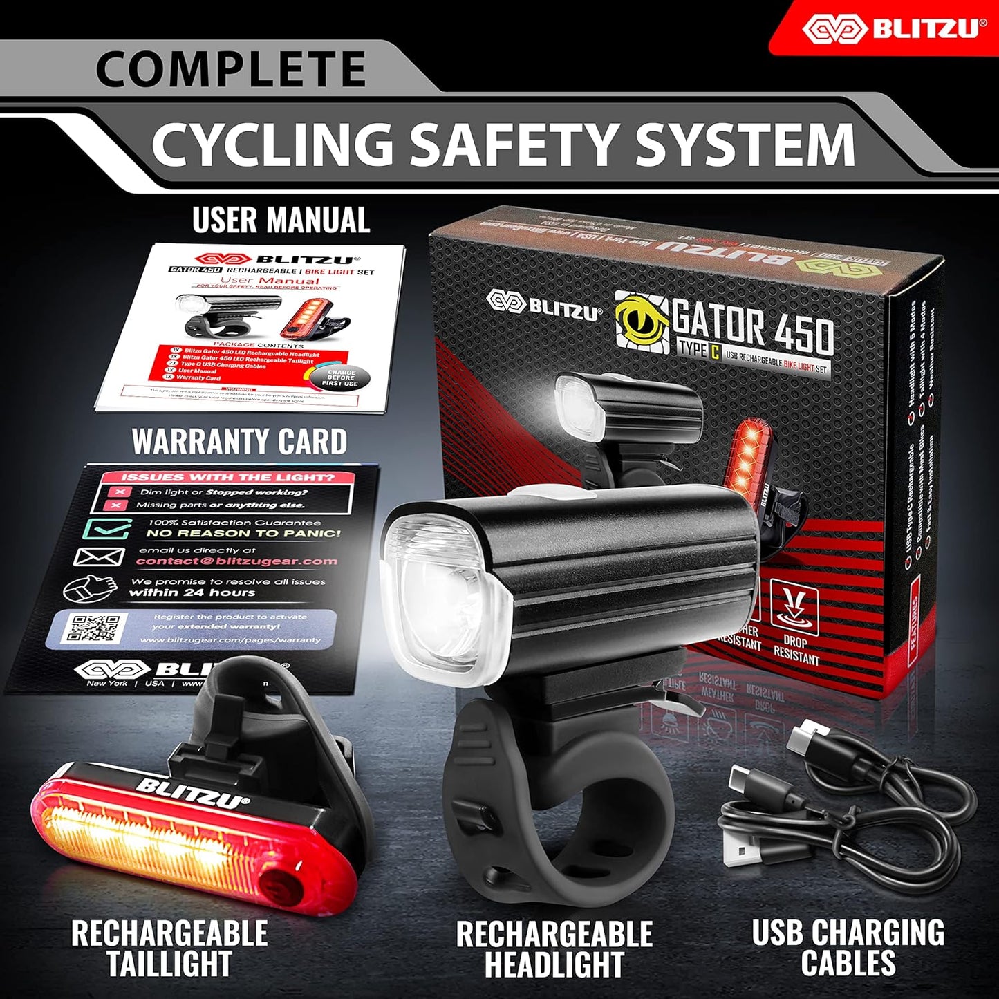 BLITZU Bike Lights Set – Gator 450 LED USB-C Rechargeable Headlight & Rear Taillight with Front and Back Bike Reflectors – Bicycle Accessories for Night Riding, Men & Kids