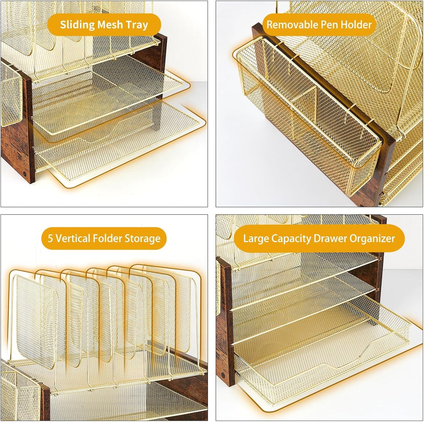 Wood Desk Organizers and Accessories, 4-Tier Workspace Desktop Paper Organizer with Drawer, 5 Vertical File Holders and Pen Holder for Office Supplies