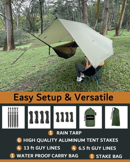 Sunyear Hammock Rain Fly Waterproof - Premium Hammock Tarp with Doors to Stay Warm and Dry in All Seasons | Portable and Lightweight Camp Rain Fly with All Installations Included | 11 Ft / 2lbs