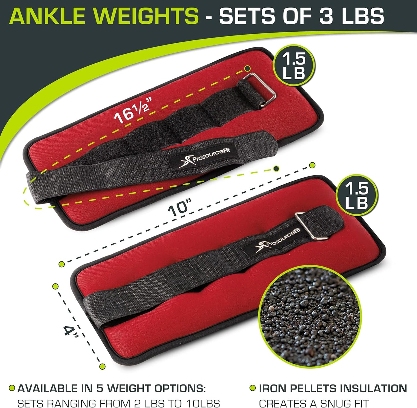 ProsourceFit Ankle/Wrist and Arm/Leg Weights Set of 2, Adjustable Strap 1 lb-5 lb, Adjustable Weight 15 lb, 10 lb, 7 lb for Men and Women