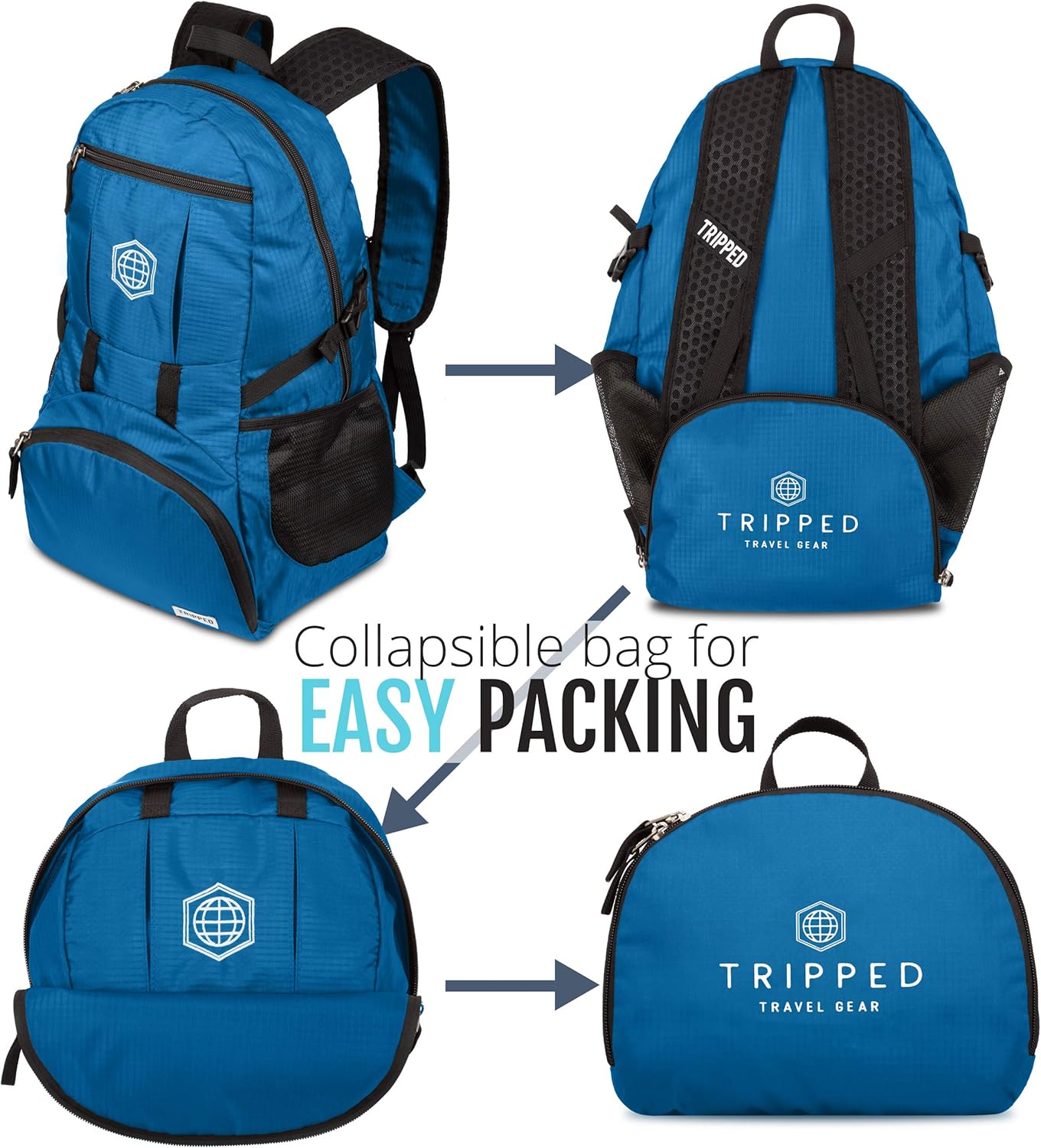 TRIPPED Travel Gear Traveling Backpack- Foldable collapsible lightweight backpack for travel (Blue) 35 liters