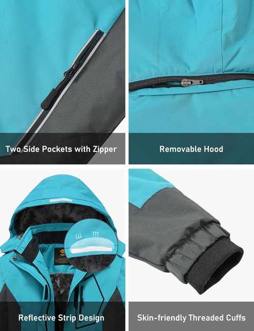 MoFiz Girls Ski Jacket Waterproof Fleece Lined Snowboard Jacket Warm Winter Jackets with Removable Hood Blue M