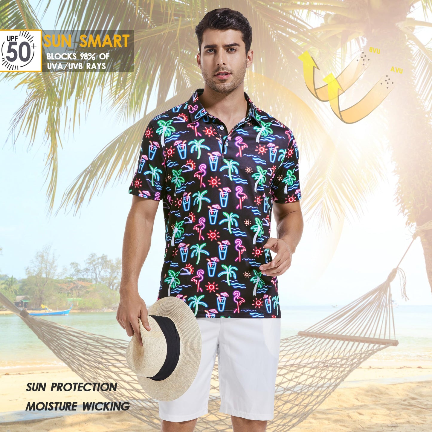 Men's Polo Shirt Short Sleeve Golf Shirt for Men Dry Fit Neon Flamingo Palm Print Casual Collared Mens Golf Polo Shirts Short Sleeve Golfing Polo for Men, 3X-Large
