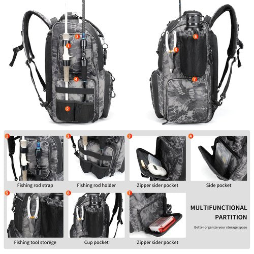 Rabjen Fishing Tackle Backpack with Rod Holders, Bottle Holder, Storage Bag Store Fishing Gear