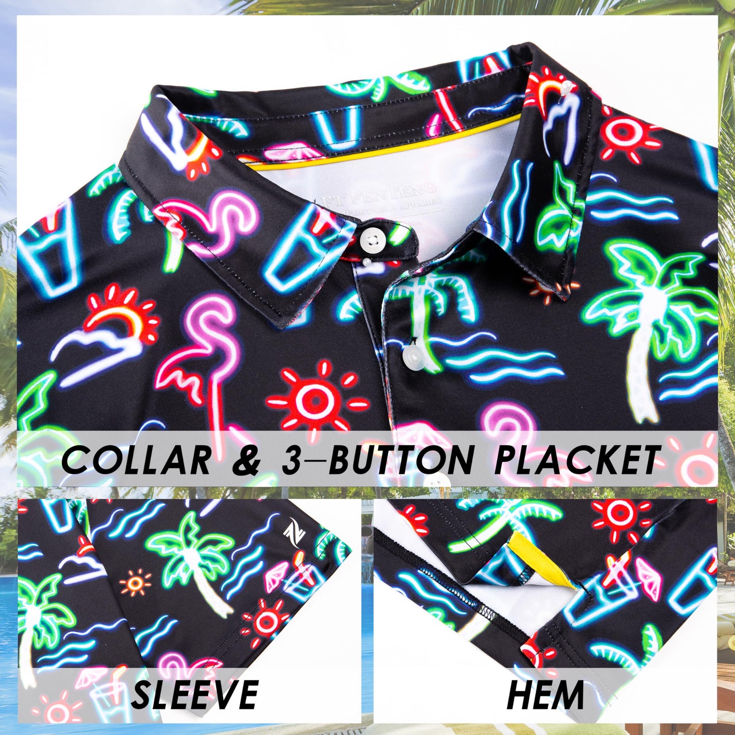 Men's Polo Shirt Short Sleeve Golf Shirt for Men Dry Fit Neon Flamingo Palm Print Casual Collared Mens Golf Polo Shirts Short Sleeve Golfing Polo for Men, 3X-Large