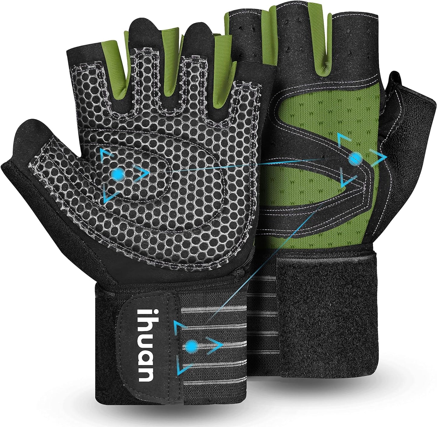 ihuan Ventilated Weight Lifting Gym Workout Gloves with Wrist Wrap Support for Men & Women, Full Palm Protection, for Weightlifting, Training, Fitness, Hanging, Pull ups