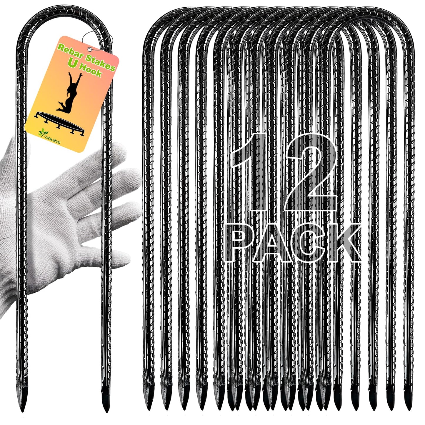 Fabulas Rebar Stakes, 12 Inch 12 Pack Ground Stakes U Hook Heavy Duty Metal Steel Trampoline Anchors with Chisel Point for Trampoline High Wind Chicken Coop Accessories Fence Gardening Tent Dog