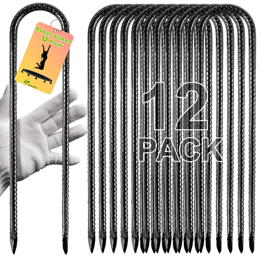 Fabulas Rebar Stakes, 12 Inch 12 Pack Ground Stakes U Hook Heavy Duty Metal Steel Trampoline Anchors with Chisel Point for Trampoline High Wind Chicken Coop Accessories Fence Gardening Tent Dog