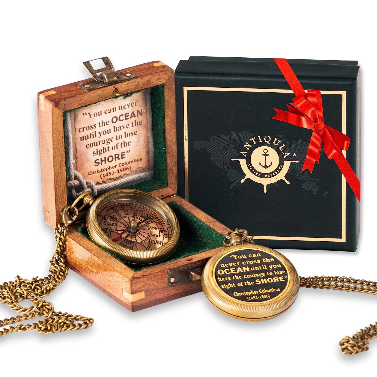 Antiqula Brass Columbus Compass with Wooden Box, Antique Traveling Gifts for Men with Quotes Engraved, Inspirational Nautical Camping Compass, Ideal Gifts for Traveling, Graduation and Adventures