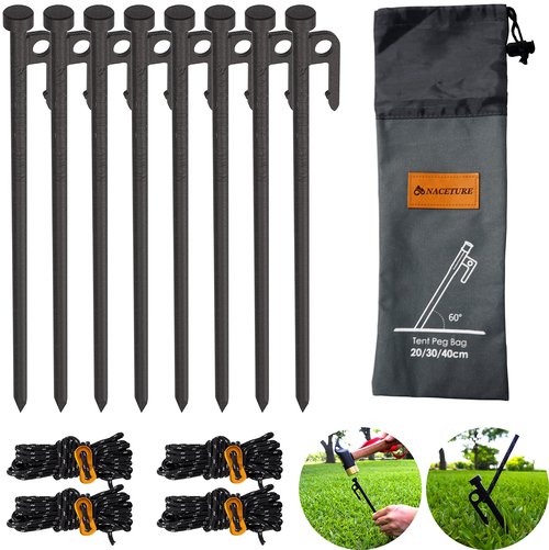 Metal Tent Stakes Heavy Duty 12 Inch 8 Pack with Camp Rope Guy Lines, Metal Stake for Ground, Canopy, Tarps, Sand Anchors for Camping, Picnics, or Yards, Reinforced Nail Heads Camping Accessories and