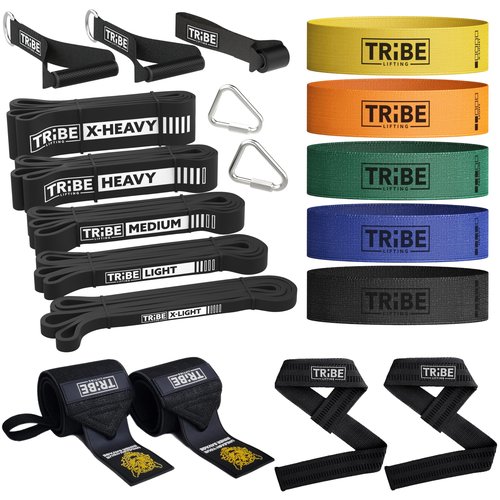 Workout Set of 5 Pull-Up Bands, Rubber Handles, Door Anchor, 5 Fabric Resistance Bands, Wrist Wraps and Wrist Straps (Multicolor)