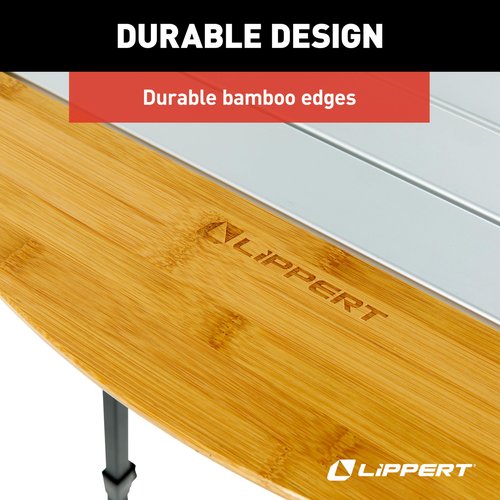 Lippert Bamboo/Hammer Grey Roll Top Camping Table with Powder-Coated Aluminum Top/Frame, Durable Bamboo Edges, Foldable Design, Adjustable Legs, Lightweight Construction - 2023053727