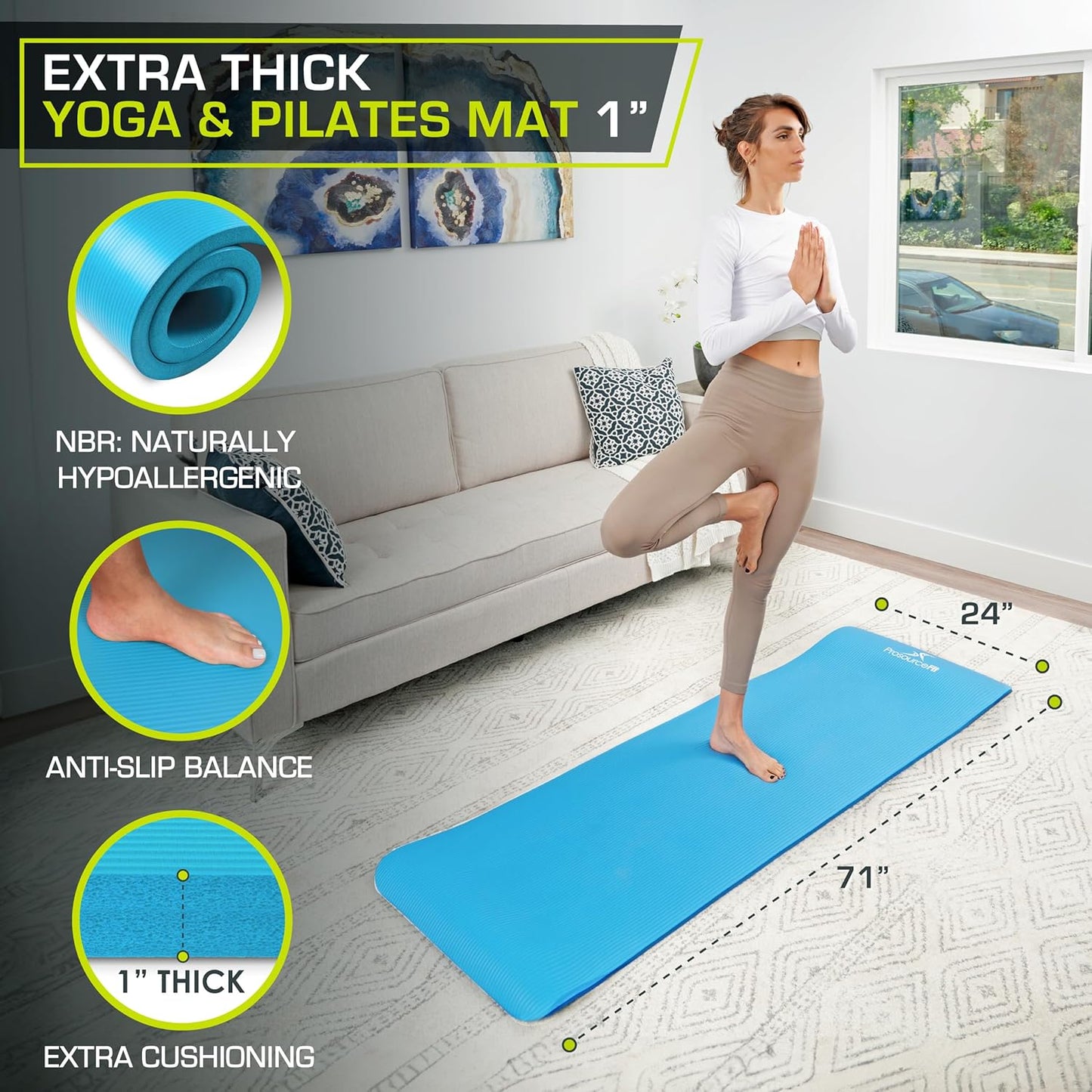 Extra Thick ½” Yoga & Pilates Mat - 71” High Density Foam with Carrying Strap