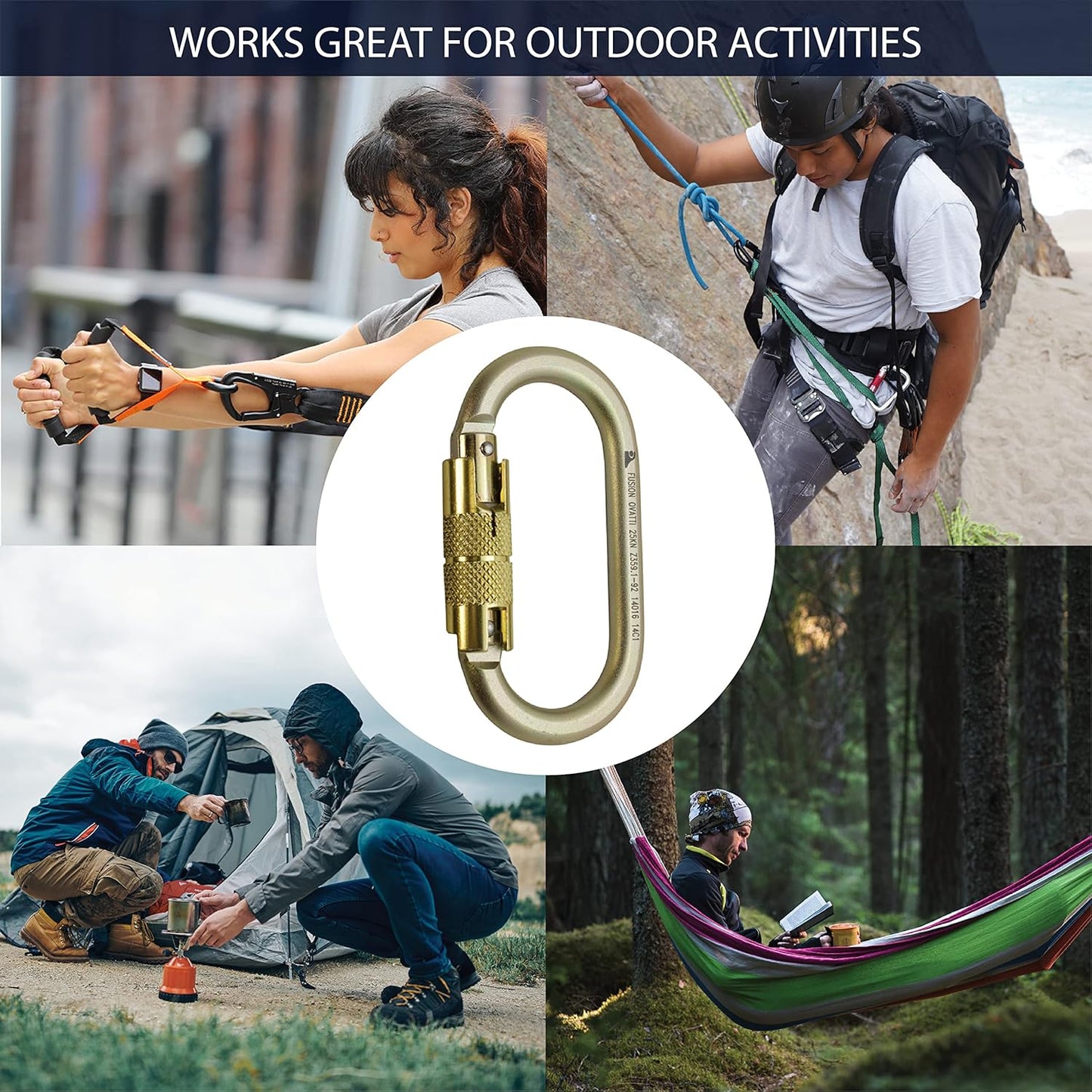 Fusion Climb Ovatti Military Tactical Edition Steel Auto Lock Oval Symmetrical Anchor Carabiner Gold, One Size (FP-9108-P-GLD)