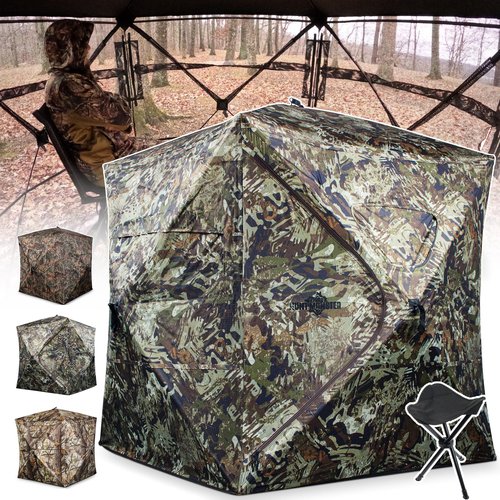 ShedOFF Hunting Blind 1-3 Person with Portable Hunting Chair, 270 Degree See Through Pop up Ground Blinds for Deer Turkey Duck Hunting, Bow Hunting Adjust Windows with Silent Zipper(CAMO Rush)