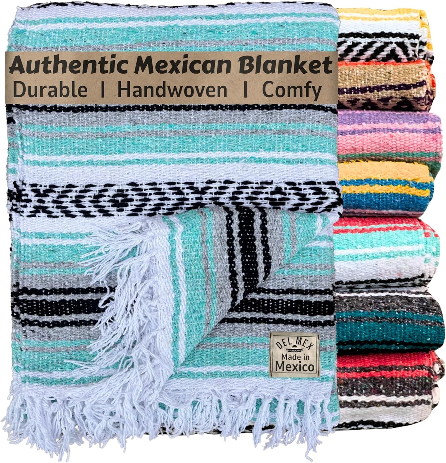 Authentic Del Mex Large Mexican Blanket - Woven Falsa Throw (70"x50") for Beach, Yoga & Outdoor Decor - Pink/Tan
