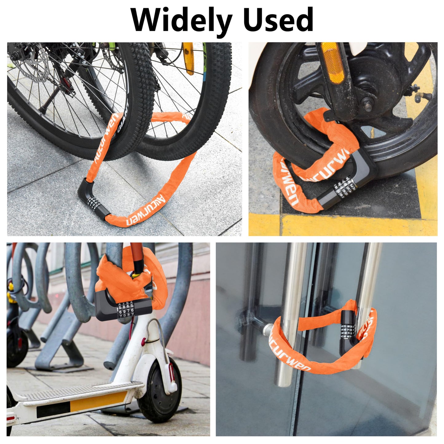 Aucurwen Bike Chain Lock, 3.2FT/4FT Combination & Keys 4-Digit Anti Theft Heavy Duty Bike Lock, Security Resettable Bicycle Lock for Bike, Bicycle, Electric Bike (Orange, 3.2FT Long, 6mm Thick)