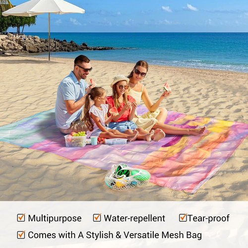 Zingtto Silky Soft 108"x84" Sand Proof Beach Blanket Sand Proof Mat with Corner Pockets and Fashion Mesh Bag for Beach Party, Travel, Camping and Outdoor Music Festival, Oil Paint Rainbow