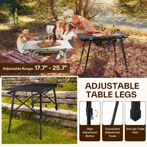 Sportneer Camping Tables That Fold Up Lightweight, Adjustable Height Aluminum Folding Table with Top Mesh Layer, Roll Up Camping Table for Outdoor Camp Picnic Beach RV Backyards Kitchen BBQ
