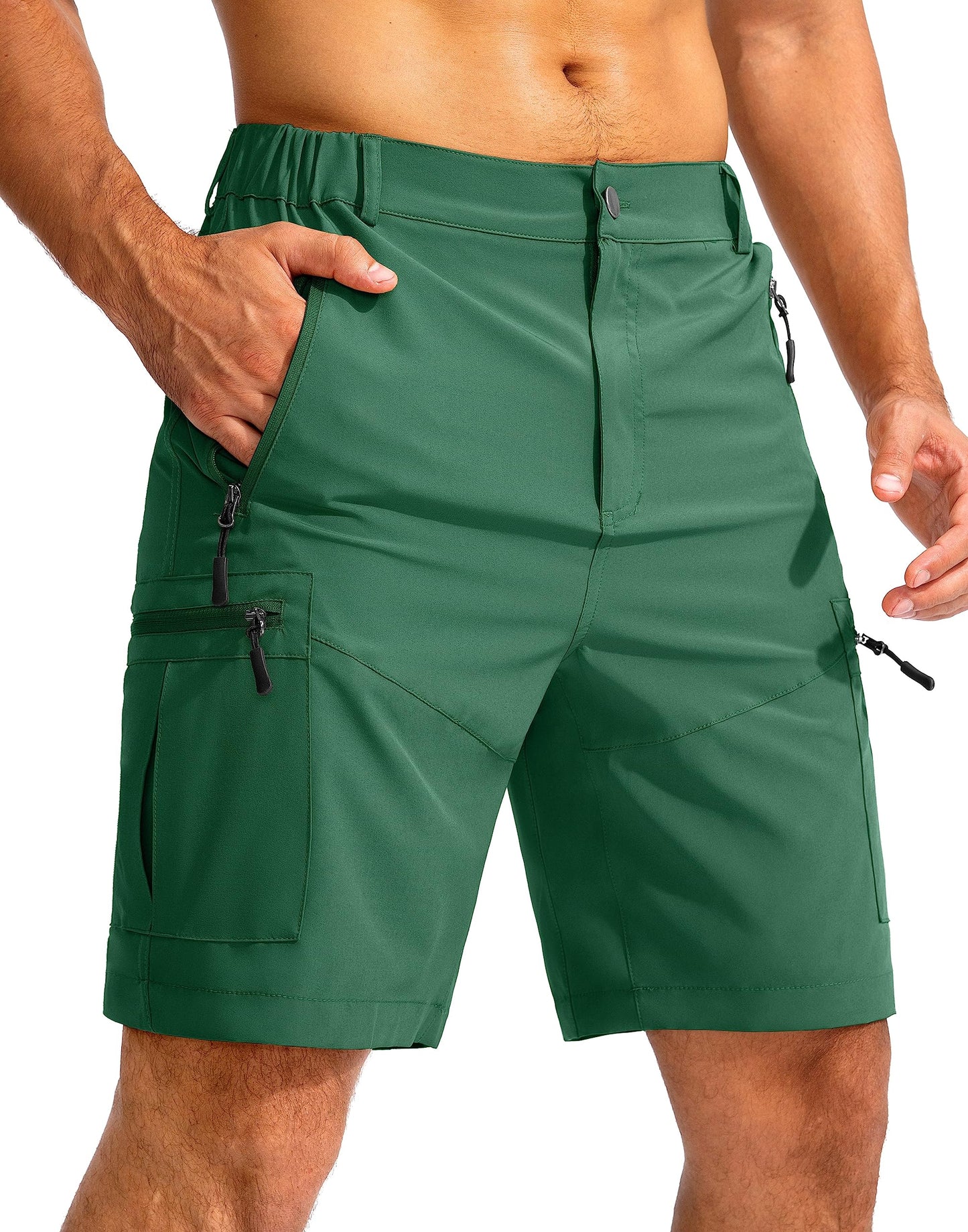 Pudolla Men's Hiking Cargo Shorts 9" Lightweight Outdoor Work Shorts for Men Travel Golf Camping Casual with 5 Zipper Pockets(Green 3X-Large)