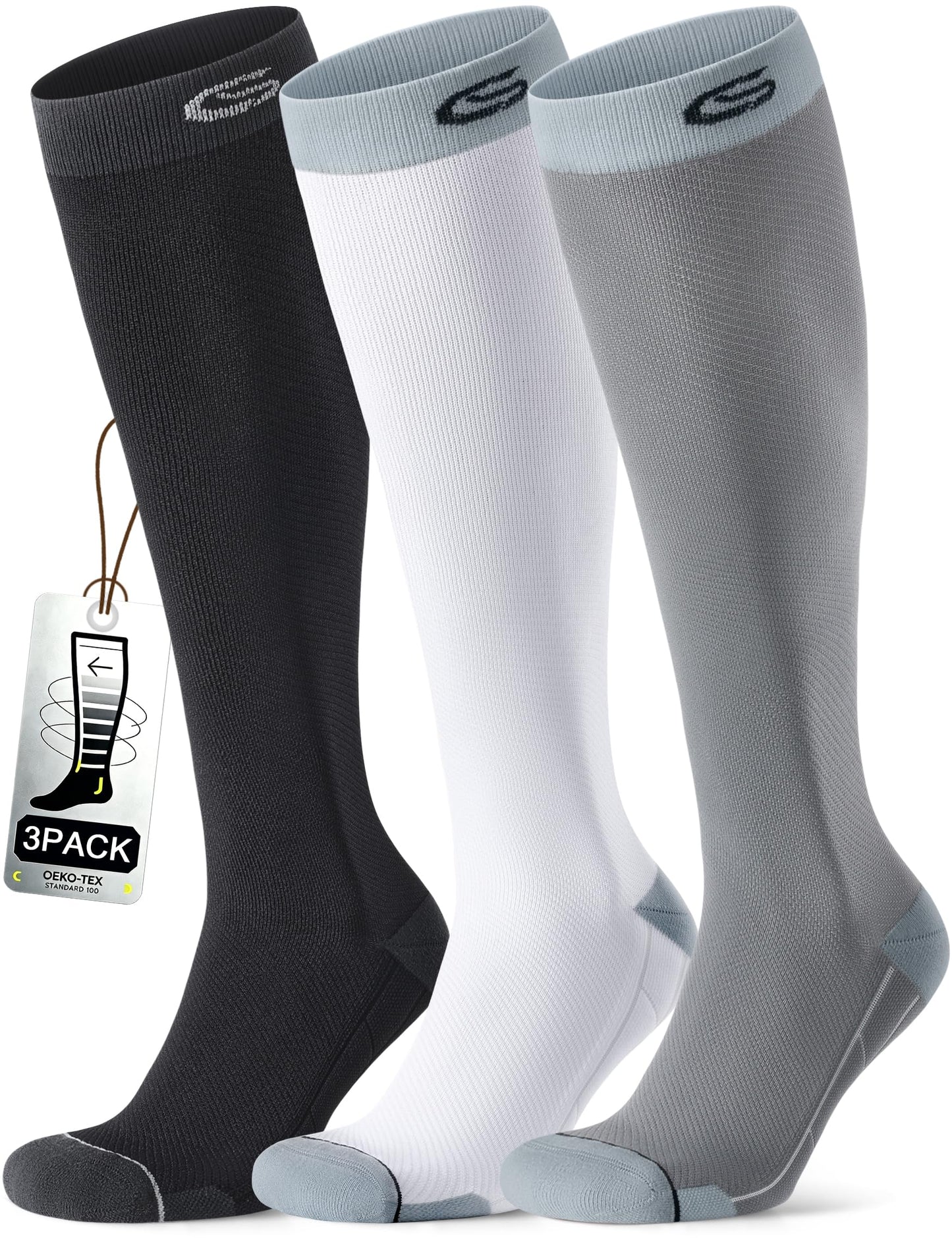 CS CELERSPORT Compression Socks for Men and Women 20-30mmHg Circulation Socks 3 Pairs for Running, Travel, Shin Splints, Nurse, Black+White+Black, Small/Medium
