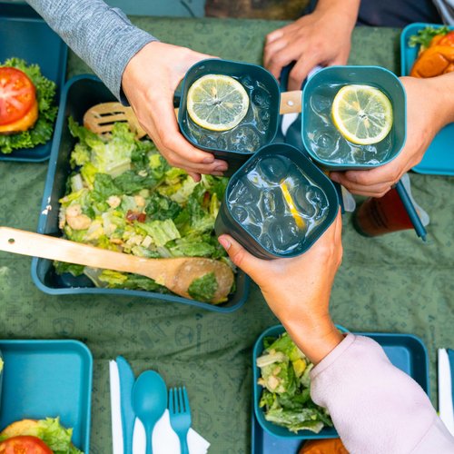 Coghlan's 4-Person Tableware Set for Camping and Outdoor Dining - Durable, Lightweight, Dishwasher Safe, Reusable, Includes Plates, Cups, Bowls, Cutlery in Portable Storage Container with Carry Handle