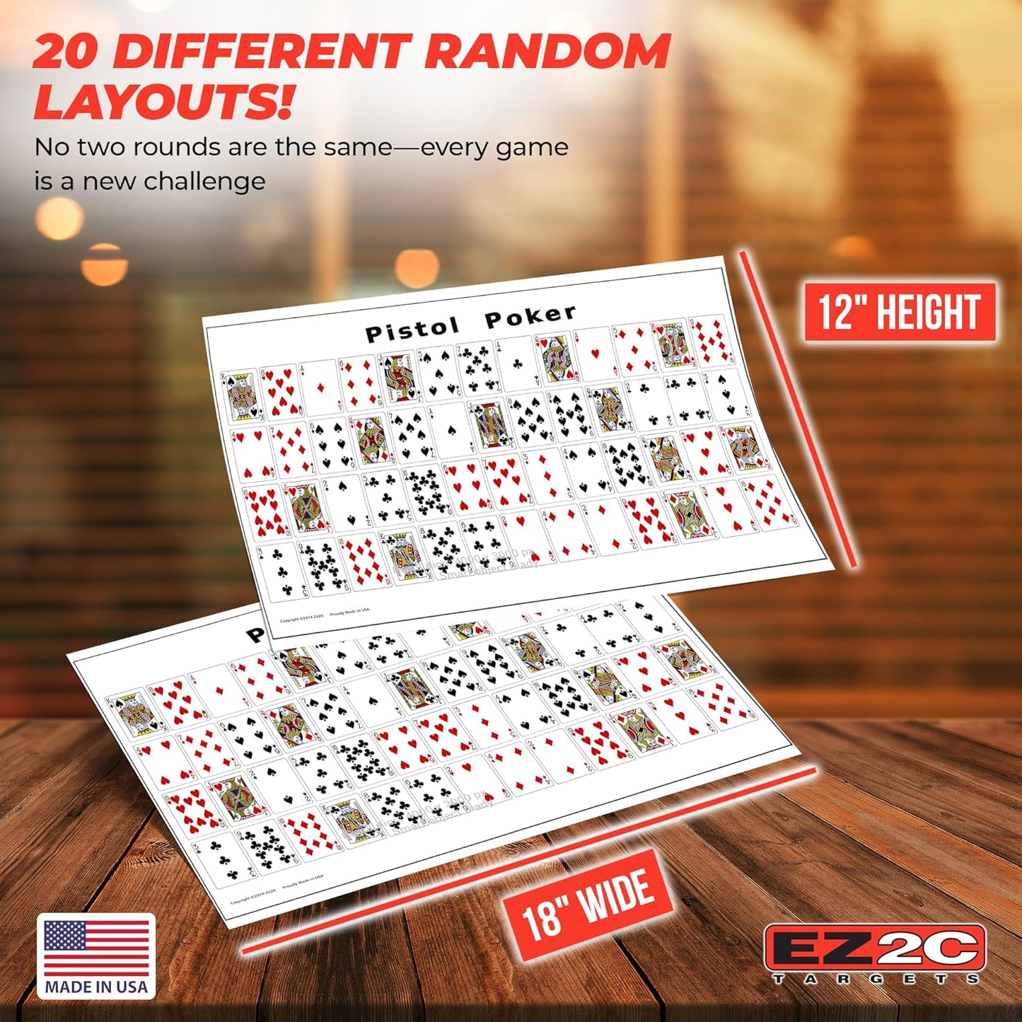 EZ2C paper targets for shooting, sheet of 52 random sorted playing cards range targets - bullseye shooting targets game on back side, both side gun target, 12"x18" (20 pack)
