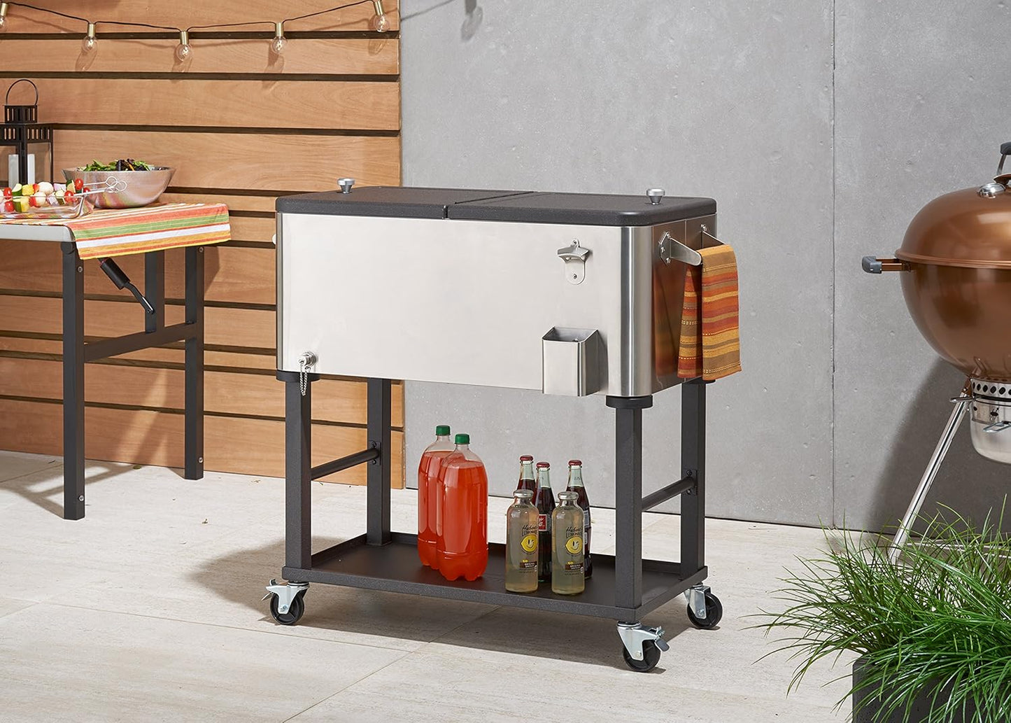 TRINITY Stainless Steel Beverage Cooler and Ice Chest with Wheels and Built-in Bottle Opener, Rolling Cart with Shelf for Patio, Outdoor Bar, and Catering, Detachable Tub, 100 Quart Capacity
