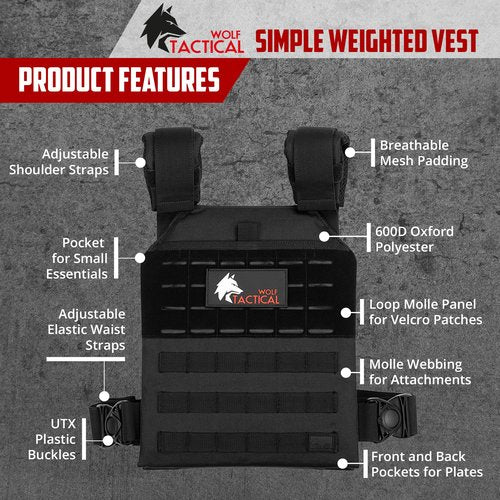 WOLF TACTICAL Simple Weighted Vest Men Womens Weighted Vest for Walking Running Training Rucking Adjustable Weight Vest, Black
