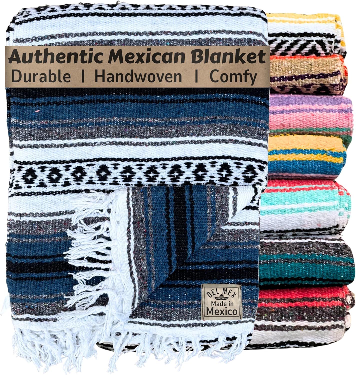 Authentic Del Mex Large Mexican Blanket - Woven Falsa Throw (70"x50") for Beach, Yoga & Outdoor Decor - Pink/Tan