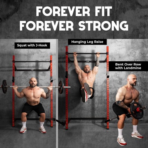 Yes4All 2" x 2" Tube with 1" Hole Space Saving Folding Wall Mounted Squat Rack for Home Gym, 1000lbs Capacity Steel Power Cage with Adjustable Pull-Up Bar, 360 Degree Landmine & Strong Steel J-Hooks
