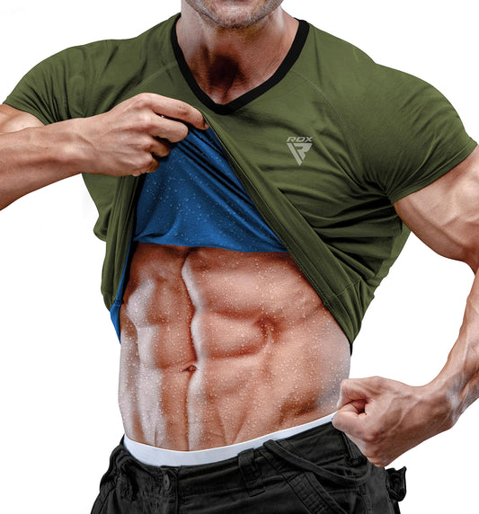 RDX Men's Sauna Shirt Heat Trapping Sweat Suit - Reach Oeko TEX 100 Certified T-Shirt - Gym Workout Fitness Tank Top Trimmer Army Green